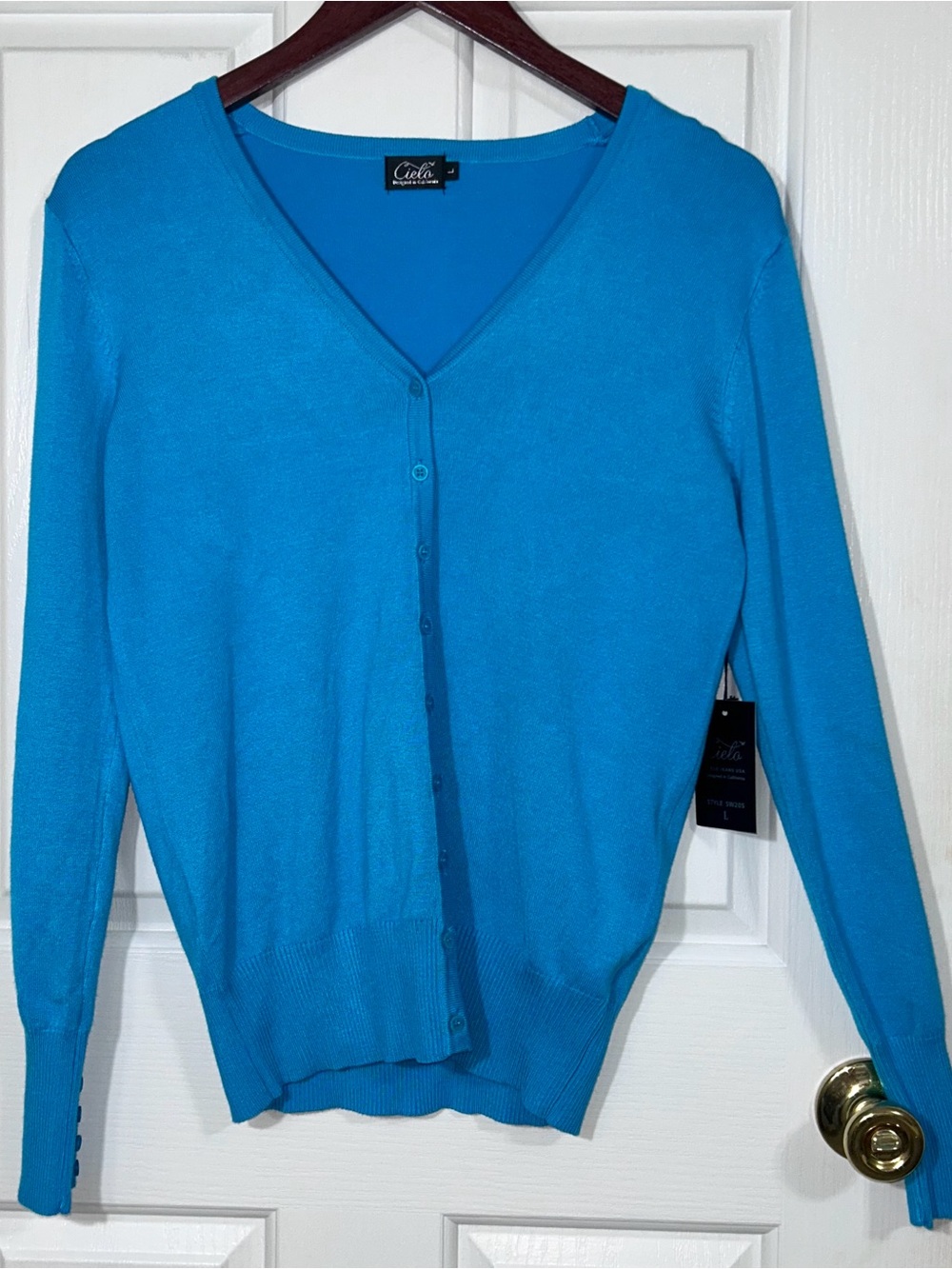 Cielo Silk Blend Cardigan Sweater Women L Turquoise Blue V-Neck Long Sleeve NWT